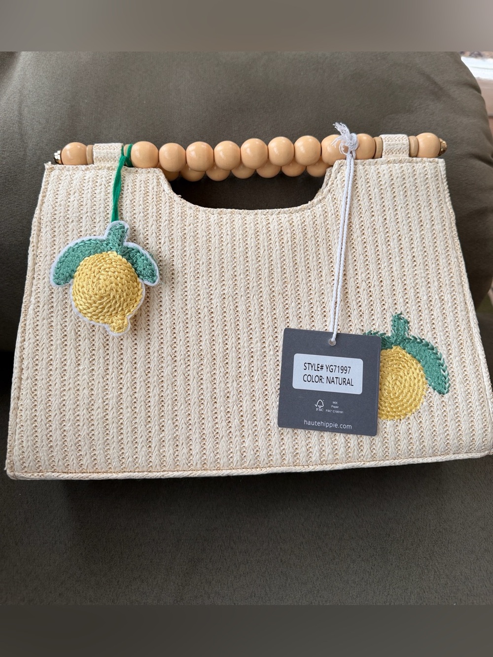 Haute Hippie Natural Straw Tote with Yellow Lemon Accent, NWT